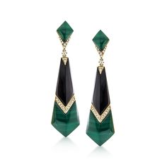 Ross-Simons - Onyx, Malachite Drop Earrings, .46ct t. w. Diamonds in 14kt Yellow Gold. These elegant and unique drop earrings capture the opulence of richly hued gems. Features 26x10mm hexagonal onyx, 20x16mm hexagonal malachite, 12x10mm kite-shaped malachite tops and the bright sparkle of .46 ct. t. w. round brilliant-cut diamonds. Set in polished 14kt yellow gold. Hanging length is 2 3/8". Post/clutch, onyx, malachite and diamond drop earrings. Gold Art Deco Earrings, Plastic Necklace, 1920s Jewelry, Shiny Rings, Jewellery Design Sketches, Long Earring, Green Gem, Malachite Jewelry, Light Weight Jewelry