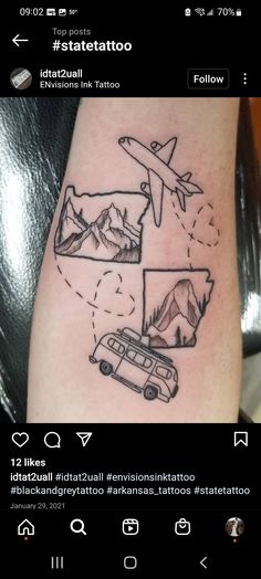 a black and white photo of a tattoo on someone's arm with an airplane flying over the mountains