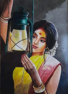 a painting of a woman holding a lantern