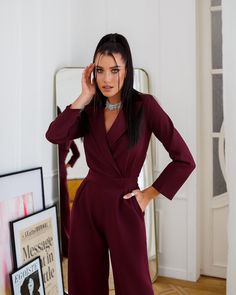 • Fabric: Crepe • Cotton 65%, Polyester 35% • Notched lapels • Long sleeves • Wide-leg • Pants length (inseam): 95cm/ 37.5in Formal Jumpsuits For Women Wedding, Jumpsuit Soiree, Blue Graduation Gown, Good One, Soiree Ideas, Maroon Suit, Formal Jumpsuit, Bridal Jumpsuit, Jumpsuit Elegant