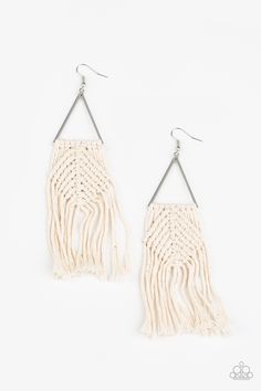 Soft white cording delicately knots and weaves around the bottom of an airy silver triangle, creating a colorful macrame inspired fringe. Earring attaches to a standard fishhook fitting.

 Sold as one pair of earrings. Live Text, Fringe Earring, Macrame Earrings, Paparazzi Accessories, Paparazzi Jewelry, White Earrings, Earring Sale, Silver Hoops, Fish Hook