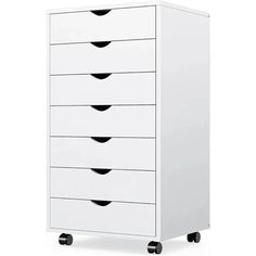 a white dresser with five drawers on wheels