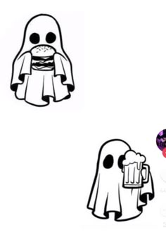 two cartoon characters holding beer mugs in front of each other, one is wearing a ghost costume and the other has a balloon