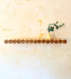 a wooden shelf holding a vase with a plant in it on top of a wall