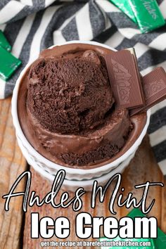 an ice cream in a white bowl with chocolate on top and the title above it