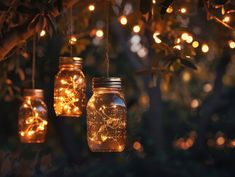 three mason jars filled with fairy lights hanging from a tree in front of some trees