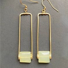 Featuring 12mm Wrapped New Jade (Serpentine) Stones. Hand Forged Gold Rectangle Frame. Wire Used Is Tarnish Resistant. Drop Length Of 2” Brass Jewelry Design, Serpentine Stone, Earring Inspiration, Rectangle Earrings, Rectangle Frame, Earrings Inspiration, Jewelry Photography, Marble Design, Brass Jewelry