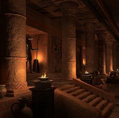 a dimly lit room filled with lots of columns and candles on the floor, along with two large vases