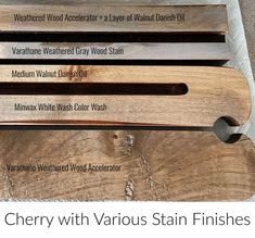 four different types of wood stain finish options for furniture and floor coverings, with text overlaying the image