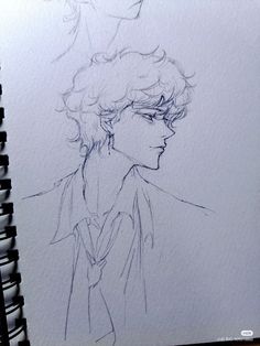 a drawing of a boy with curly hair and glasses on his head, looking to the side