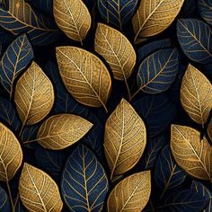 gold and blue leaves on a black background