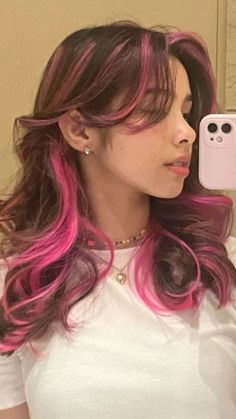 Hot Pink Peekaboo Hair, Brown To Pink Balayage, Peekaboo Hair Color Ideas, Brown Hair With Pink Highlights, Pink Peekaboo Hair, Peekaboo Hair Color, Colorful Highlights In Brown Hair, Volumizer Hair Dryer, Brown And Pink Hair