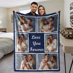 a man and woman holding up a blanket that says love you forever with four photos on it