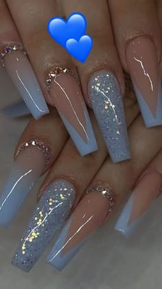 Nails For Wedding, Blue And Silver Nails, White And Silver Nails, Purple Acrylic Nails, Wedding Nails Glitter, White Glitter Nails, Blue Acrylic Nails, Homecoming Nails Acrylic