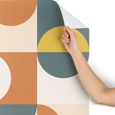 a person is holding up a wallpaper with circles on it and the background has different colors