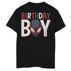 a black birthday boy t - shirt with an image of a spider man on it