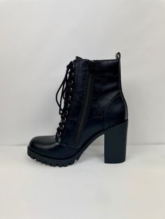 Chunky heel Side zipper Round toe Tie-up lace Black Chunky Heel Boots, Black Chunky Heels Boots, Chunky Heel Boots, Black Chunky Heels, Chunky Heels Boots, Heel Boots, Chunky Heel, Free Giveaway, Chunky Heels