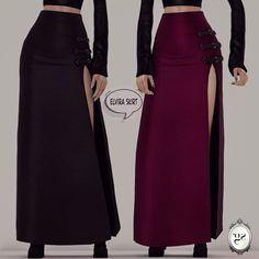 two women wearing long skirts with high slits, one in black and the other in purple