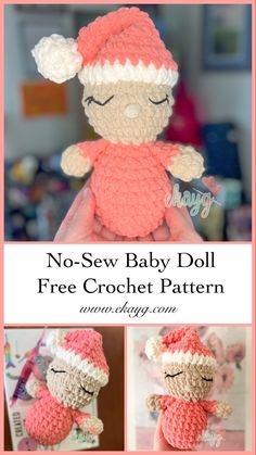 a crocheted doll is shown with the words no sew baby doll free crochet pattern