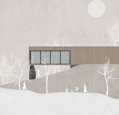 an image of a house in the snow with trees and people walking around it,