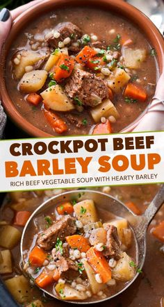 two pictures showing different types of beef stew in a bowl, with the title crockpot beef barley soup