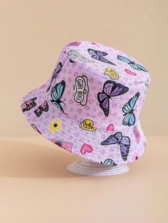 1pc Purple Butterfly Decor Sun Protection Bucket Hat For Girls Purple Cute,Daily   Polyester  Bucket Hat   Kids Accessories, size features are:Bust: ,Length: ,Sleeve Length: Butterfly Bucket Hat, Purple Cute, Pink Castle, Butterfly Decor, Castle Designs, Dinosaur Pattern, Butterfly Decorations, Purple Butterfly, Kids Hats