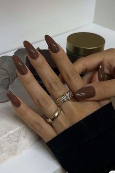 Fall Almond Nails, Almond Shape Nails, Almond Nails Designs, Almond Acrylic Nails, Fall Nail Colors, Brown Nails, Autumn Nails, Fall Nail, Classy Nails