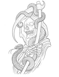 a drawing of a skull with a snake on it