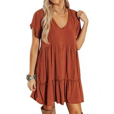 STARVNC Women Solid Color Crew Neck Ruffled Short Sleeve Dress Size: M.  Color: Red.  Gender: female.  Age Group: adult. Fall Photo Outfits, Layered Mini Dress, Wedding Outfits For Women, Dresses With Cowboy Boots, Western Dresses For Women, Country Dresses, Pleated Mini Dress, Lace Dress Long, Evening Formal