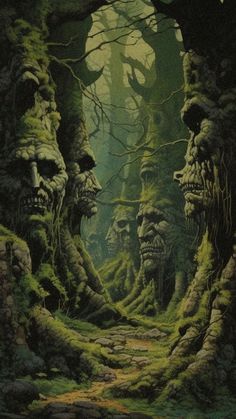 three creepy faces in the woods surrounded by mossy rocks and trees, one is looking at another face