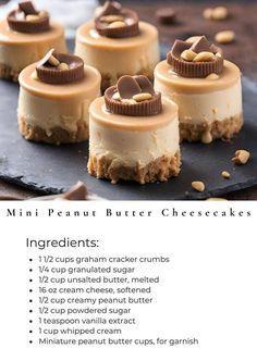 mini peanut butter cheesecakes on a black platter with text describing the ingredients