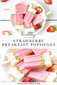 strawberry breakfast popsicles on a plate with strawberries