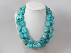 "Genuine huge turquoise necklace, natural turquoise, statement boho turquoise necklace, chunky turquoise necklace This necklace is perfect gift for someone who truly loves and appreciates gorgeous gemstones. I can only say that this is a beautiful piece of jewelry that will make you really stand out in a crowd. This necklace is made from huge turquoise beads and silver plated findings. 2 strands, HEAVY! Measurements: 17\" (45 cm) plus 4\" extender. Beads are huge 20mm - 35mm. Each piece of jewel Chunky Turquoise Jewelry, Turquoise Statement Jewelry, Asymmetrical Jewelry, Collar Verde, Chunky Turquoise Necklace, Large Bead Necklace, Rings Sets, Boho Turquoise, Turquoise Statement Necklace