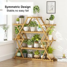 a shelf filled with potted plants next to a wall mounted planter on top of a wooden shelf