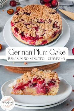 a close up of a cake on a plate with the words german plum cake above it