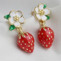 Nwot Unbranded Strawberry Flower Drop Earrings For Pierced Ears. Slight Weight To Earrings. White Flower Earrings, Strawberry Earrings, White Flower Earring, Strawberry Flower, Flower Drop Earrings, Embroidered Jeans, Earrings Color, Pierced Ears, White Flower