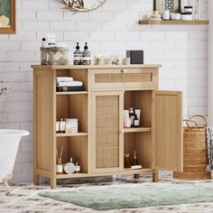 a bathroom with a sink, mirror and shelves on the wall next to a bathtub