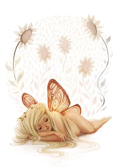 a painting of a woman laying on the ground with a butterfly flying over her head