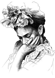 a black and white drawing of a woman with her hands on her face, wearing a flower in her hair