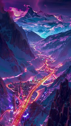 an aerial view of a city at night in the mountains, with lights and snow on them