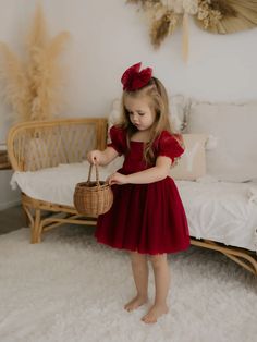 Enchanting festive perfection this Christmas season with our new Layla dress in crimson. Featuring our original soft tulle puff sleeves, a matte satin bodice with zip closure and a tulle bow sash at the waist. Layla is a beautiful, on trend choice for your darling's Christmas photos, Santa visits and any festive celebrations. This exquisite crimson dress is also perfect for flower girls and other special occasions! Designed by and exclusive to Oui Babe. Tulle Puff Sleeves, Red Flower Girl Dresses, Crimson Dress, Xmas Outfit, Toddler Christmas Dress, Tulle Bow, Bow Sash, Girls Christmas Outfits, Tulle Bows