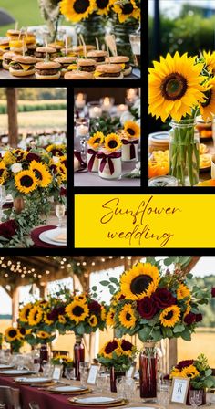 sunflowers and other flowers are arranged in vases on the tables at an outdoor wedding