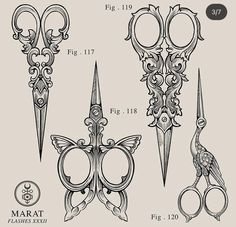 three different scissors with ornate designs on them