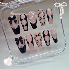 Hand painted black aesthetic press on nail set. The nails pictured are in the style medium coffin. As the nails are fully hand painted they can vary slightly but i will try my best to get them as accurate to the picture as i can, but no matter what they'll always look amazing!! All my press ons are sent in super cute packaging (of course)! The standard packaging is a recyclable nail card (seen in picture 3) that will hold your new set of nails, the option of a reusable compact (seen in picture 1 Press On Nail Aesthetic, Black Detail Nails, Y2k Dark Aesthetic, Press On Nails Packaging, Nails Y2k, Medium Coffin, Fake Nails Designs, Indie Makeup, Cleansing Pads