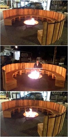 the fire pit is made out of wood and has two sides open to show it's flames