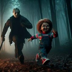 two children are running through the woods with an adult and child doll in front of them