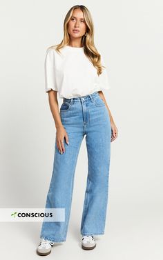 Cole Jeans - High Waist Relaxed Wide Leg Recycled Denim Jeans in Mid Blue Wash Wide Leg Jeans Crop Top Outfit, Jeans And Crop Top Outfit, Wide Leg Jeans Shoes, Jeans Crop Top, Laid Back Outfits, Mum Jeans, Wide Leg Jeans Cropped, Basic Black Dress, Neon Outfits