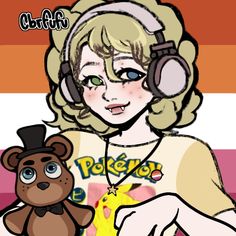 a drawing of a girl with headphones and a teddy bear in front of her