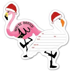 a pink flamingo with a santa hat on it's head is standing in front of a white background