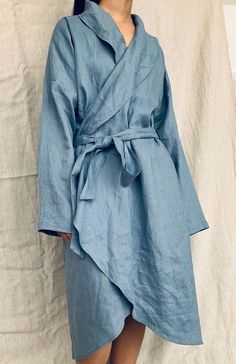 100% flax linen kimono for women, custom any size and 40+ colors to choose. This linen robe has a relaxed texture and a beautiful drape. It is  the perfect gift for women. Made from luxurious, softened linen, this dressing gown absorbs water very well and dries quickly. Designed to have a loose fit and long sleeves can be rolled up. Each item is stone washed before being hand-sewn to add an effect of softness & comfort. This robe is designed for loose and comfy fit. D E T A I L S  * Sizes: XS - XXL  * 100% linen , 200grm stonewashed linen * With belt Please choose your color and your size at the last photos. There are 40+ different colors for you to choose. * SHIPPING: All items are made to order and will take 1 week for creating and 1 - 2 weeks for delivery. If you want to get it in a spe Blue Spring Robe For Home, Spring Linen Home Robe, Linen Sleep Robe, Spring Linen Sleep Robe, Blue Cotton Home Robe, Blue Cotton Robe For Relaxation, Linen Gown, Linen Bathrobe, Match Velvet